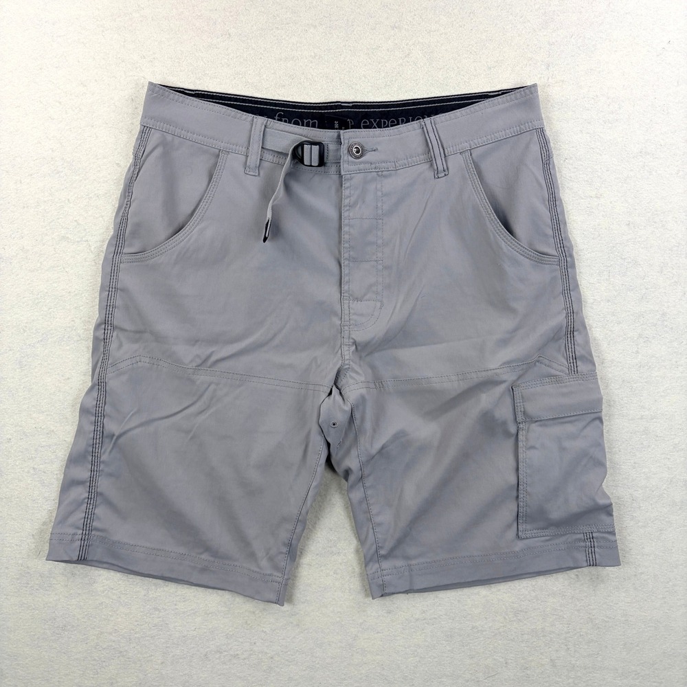 Prana Zion Men Gray Cargo Hiking Shorts 32W x 10L Built-in Belt Ventilated